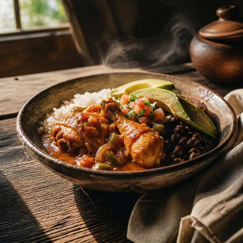 A steaming clay bowl of rice, beans, and stewed meat with cilantro